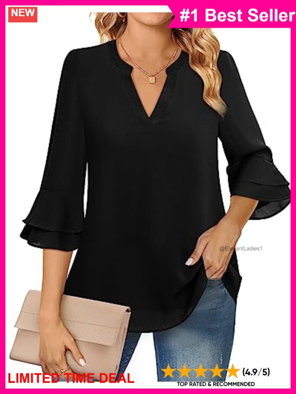 Chiffon Blouse 3/4 Ruffle Bell Sleeve Notch V-Neck Business Work Tunic